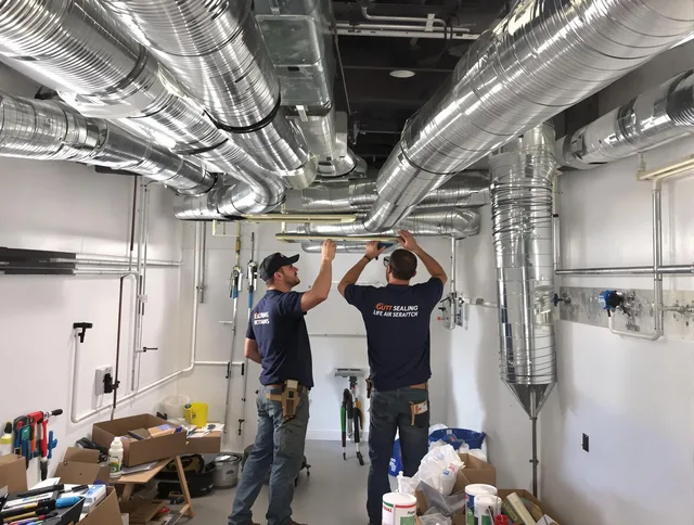 Duxbury Air Duct Cleaning technician applying professional duct sealing solutions in Duxbury