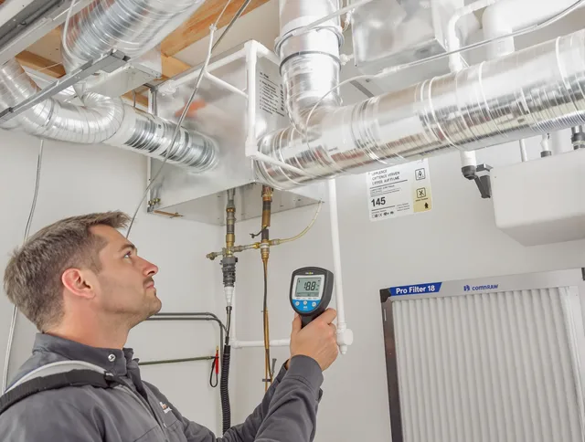 Duxbury Air Duct Cleaning expert conducting detailed filter system inspection using diagnostic tools in Duxbury