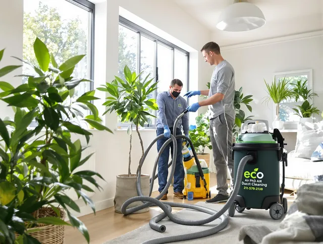 Duxbury Air Duct Cleaning technician performing eco-friendly duct cleaning using sustainable methods in Duxbury