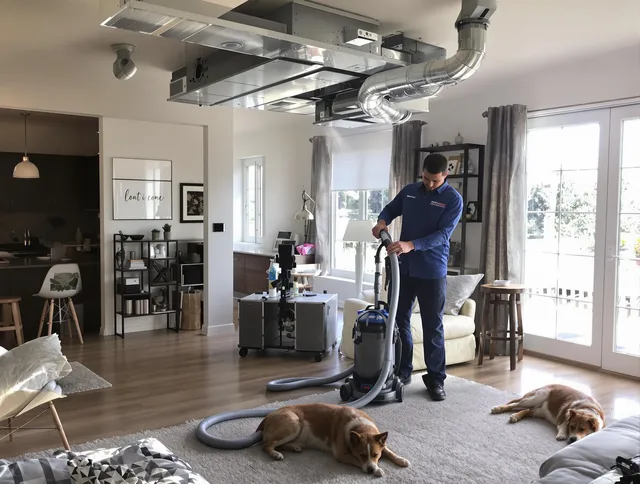 Duxbury Air Duct Cleaning technician performing detailed indoor duct cleaning for improved air quality in Duxbury