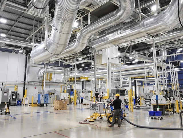 Duxbury Air Duct Cleaning team performing comprehensive industrial duct cleaning at a large facility in Duxbury